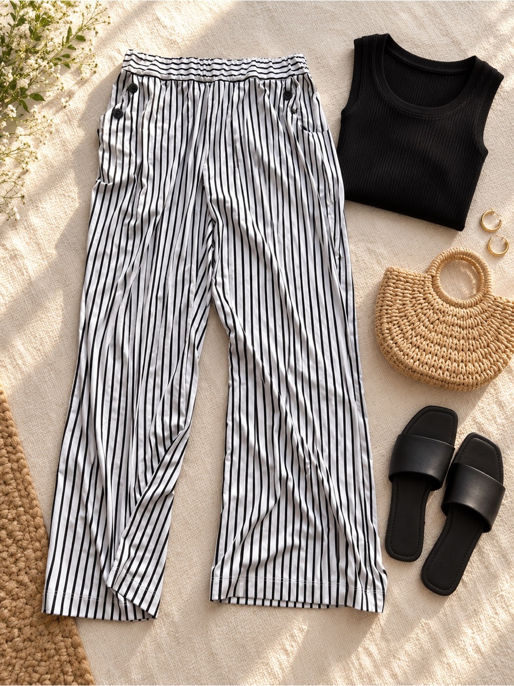 Robert Louis Black White Striped Wide Leg Pants XL Stretch Sailor Button
